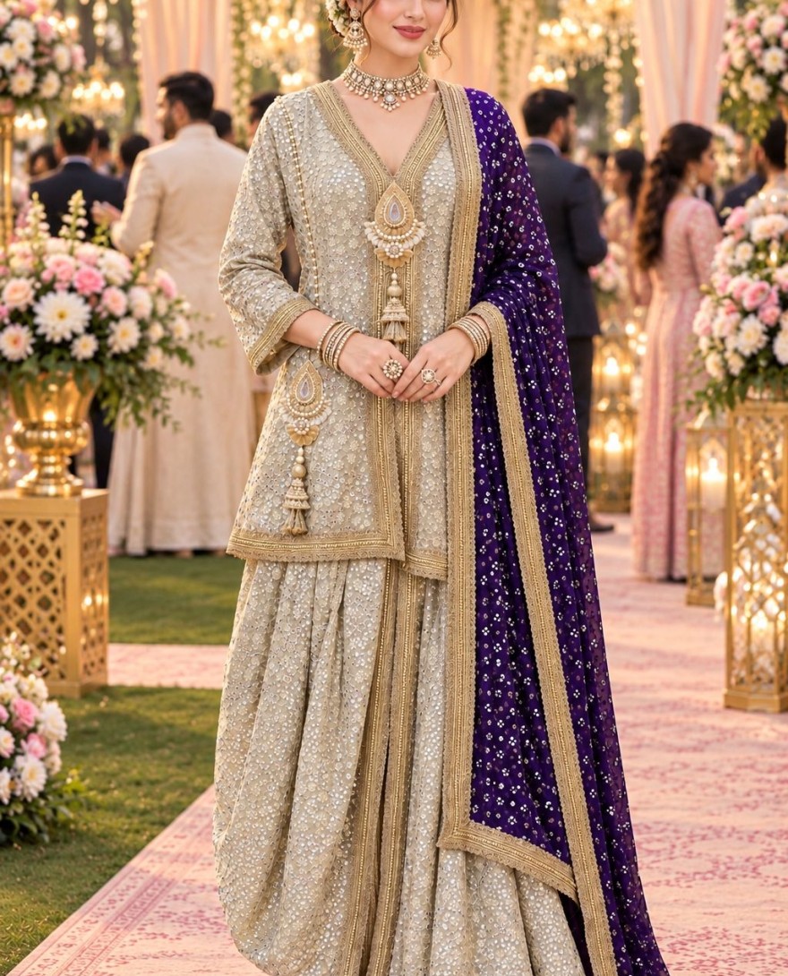 2182 - Gold Georgette Readymade Salwar Suit with Embroidered, Resham and Sequins Work